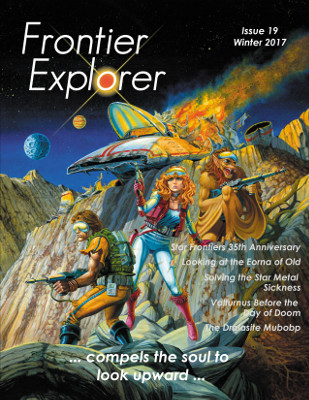 Cover image from issue 19 of the Frontier Explorer.  A crashed air car with two humans and an Yazirian standing in front of it.